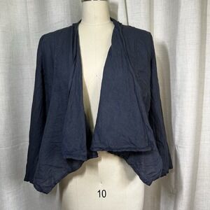 Tempo Paris Women's Small Linen Open Front Top‎ Navy Blue Shirt Cardigan Jacket
